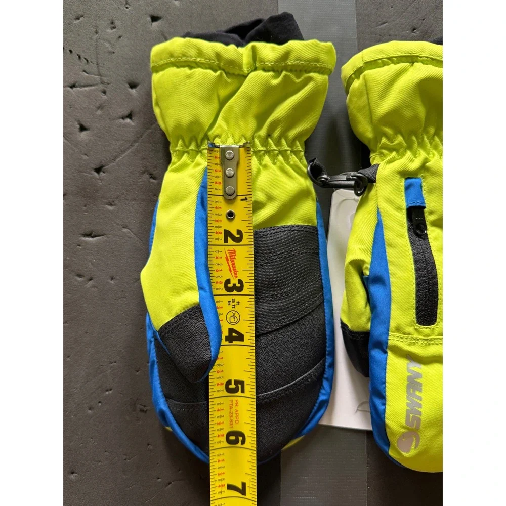 Swany Kids Ski Mittens Neon Green Blue Black Winter Snow Mitts Zipper Pocket